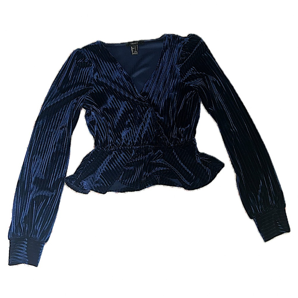 FOREVER 21 Navy Blue Velvet Peplum Top/Blouse